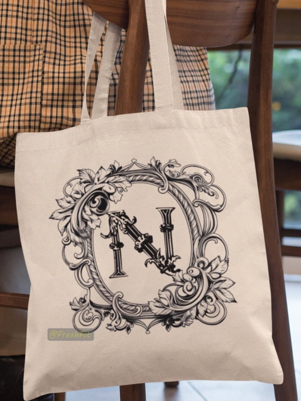 🆕Letter N Ornate Initial Natural Canvas Tote Bag